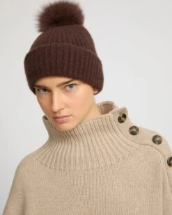 Bonnet En Maille 100% Cachemire Et Pompon En Fourrure De Renard