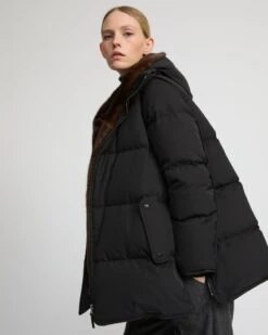 Doudoune "A" Line En Tissu Technique Et Fourrure De Vison