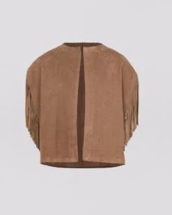 Cape Courte Frangée En Cuir D'agneau Velours Double Face -yves salomon boutique 25EYC22057AVXXA2234 27659623