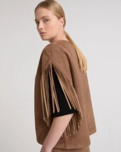 Cape Courte Frangée En Cuir D'agneau Velours Double Face