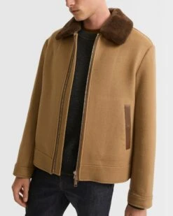 Veste Zippée En Tissu Double-face Laine-cachemire Avec Col En Fourrure De Vison