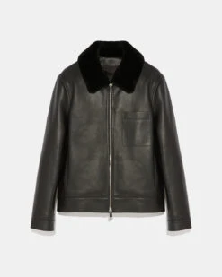 Veste En Cuir Avec Col En Peau Lainée -yves salomon boutique 25WHV20066AGANC99 9