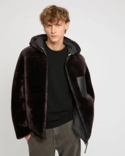 Veste Style Hoodie En Peau Lainée D'agneau Réversible