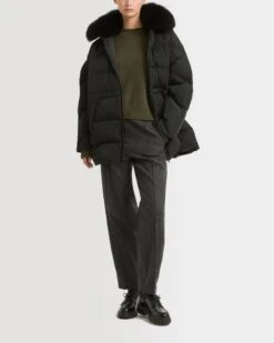 Doudoune Cape En Tissu Technique Et Col Amovible En Fourrure De Renard