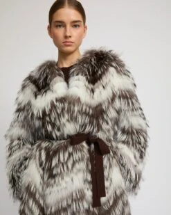 Manteau Ceinturé En Maille Mérinos Et Fourrure De Renard