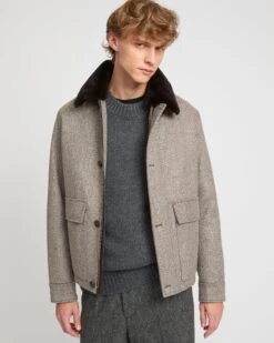 Veste En Tissu Lainage Chevron Avec Col En Fourrure De Vison