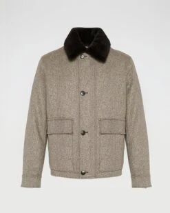 Veste En Tissu Lainage Chevron Avec Col En Fourrure De Vison -yves salomon boutique 26WHV01968LAFVA2255 8