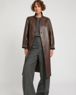 Manteau Droit En Cuir D'agneau Doublé Tissu Motif Pied-de-poule