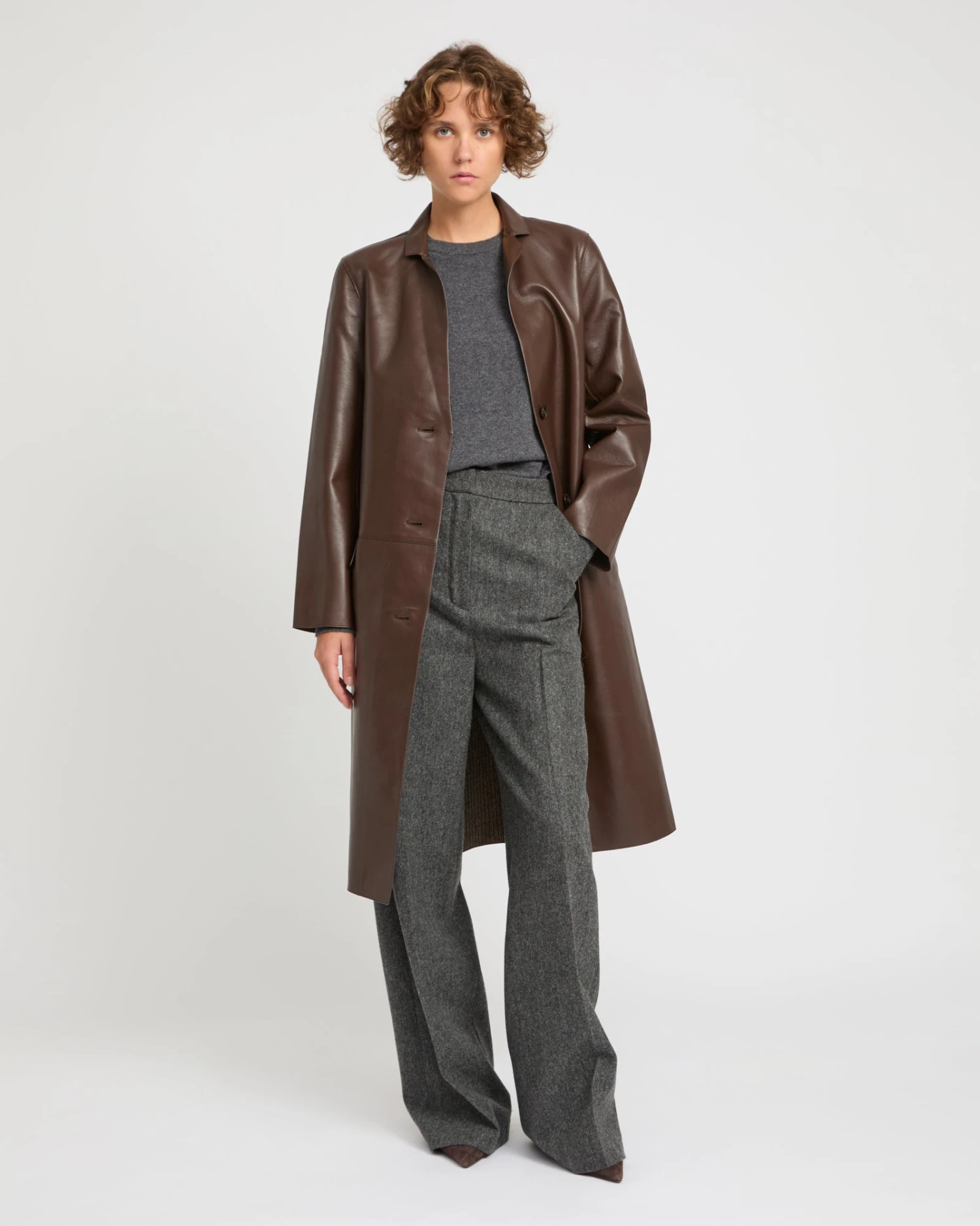 Manteau Droit En Cuir D'agneau Doublé Tissu Motif Pied-de-poule 5 Manteau Droit En Cuir D'agneau Doublé Tissu Motif Pied-de-poule – Image 3