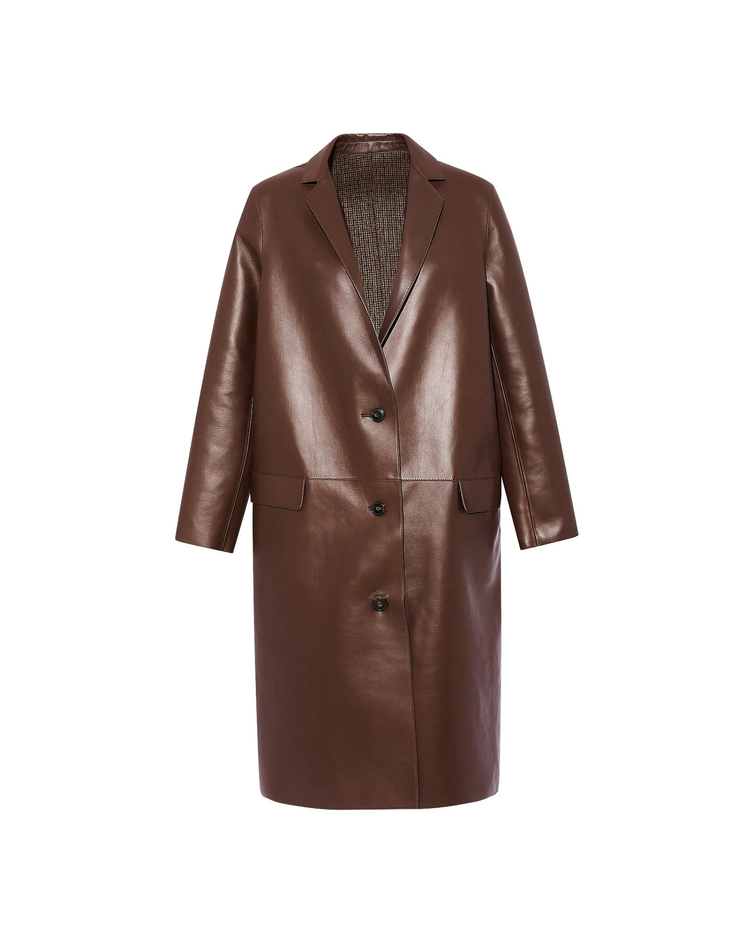 Manteau Droit En Cuir D'agneau Doublé Tissu Motif Pied-de-poule 7 Manteau Droit En Cuir D'agneau Doublé Tissu Motif Pied-de-poule – Image 5