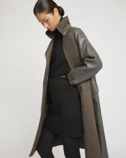 Manteau Trench En Cuir D'agneau Doublé Tissu Motif Pied-de-poule