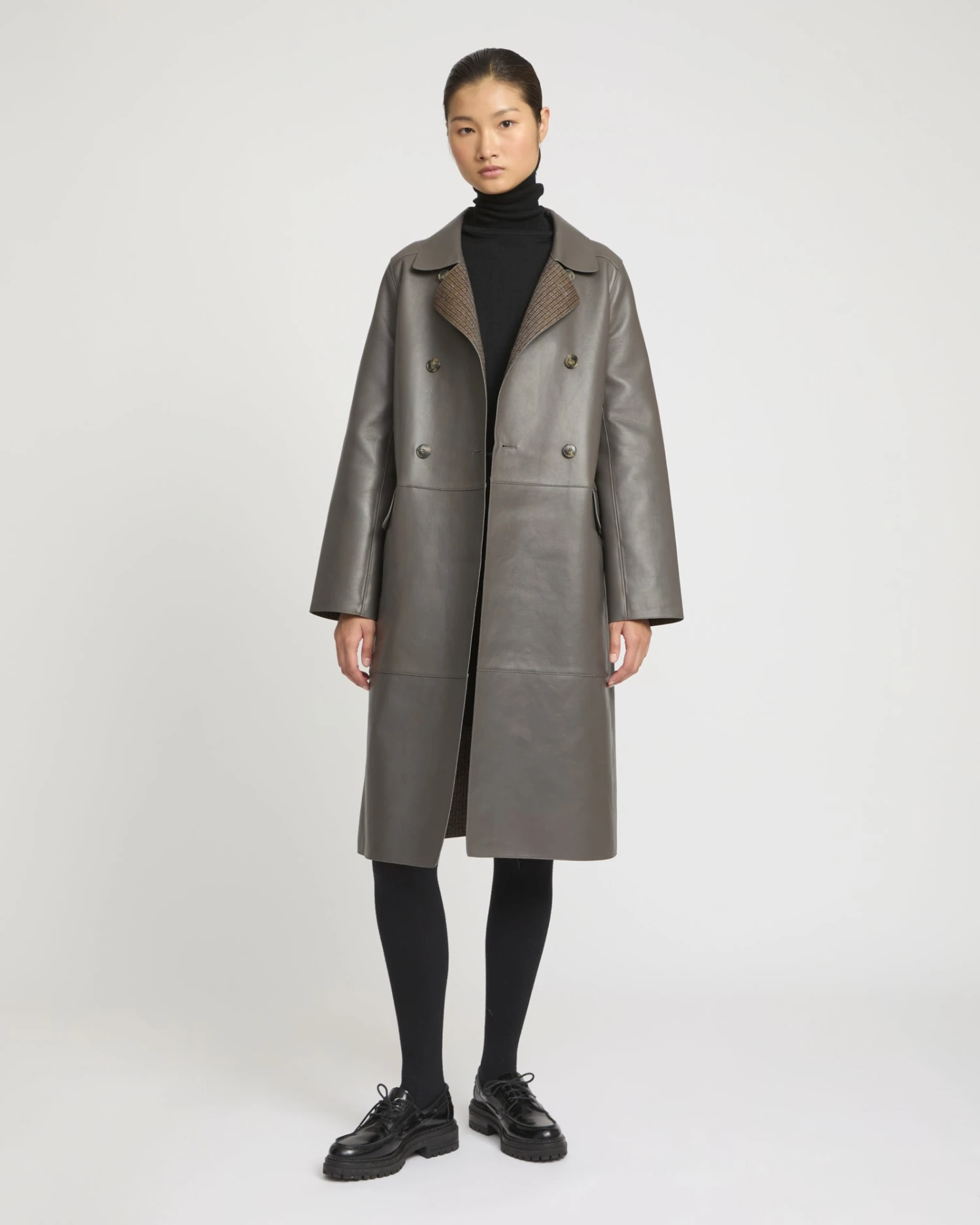 Manteau Trench En Cuir D'agneau Doublé Tissu Motif Pied-de-poule 4 Manteau Trench En Cuir D'agneau Doublé Tissu Motif Pied-de-poule – Image 2