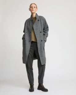 Manteau Long En Lainage Et Détails Cuir