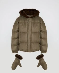 Doudoune Courte à Capuche En Tissu Loro Piana Avec Fourrure De Vison Et Moufles Amovibles